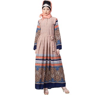 Printed abaya with pleats- Peach color